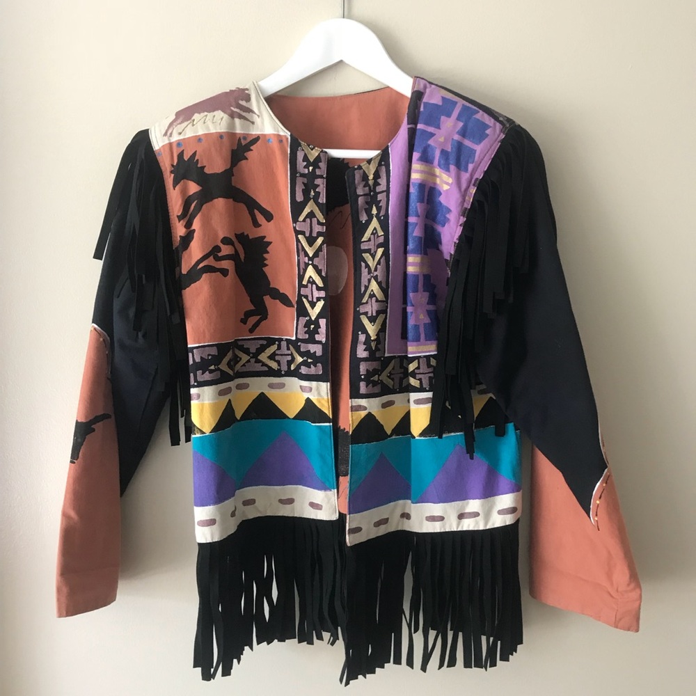 Vintage Hand Painted Native Buffalo Fringe Jacket
